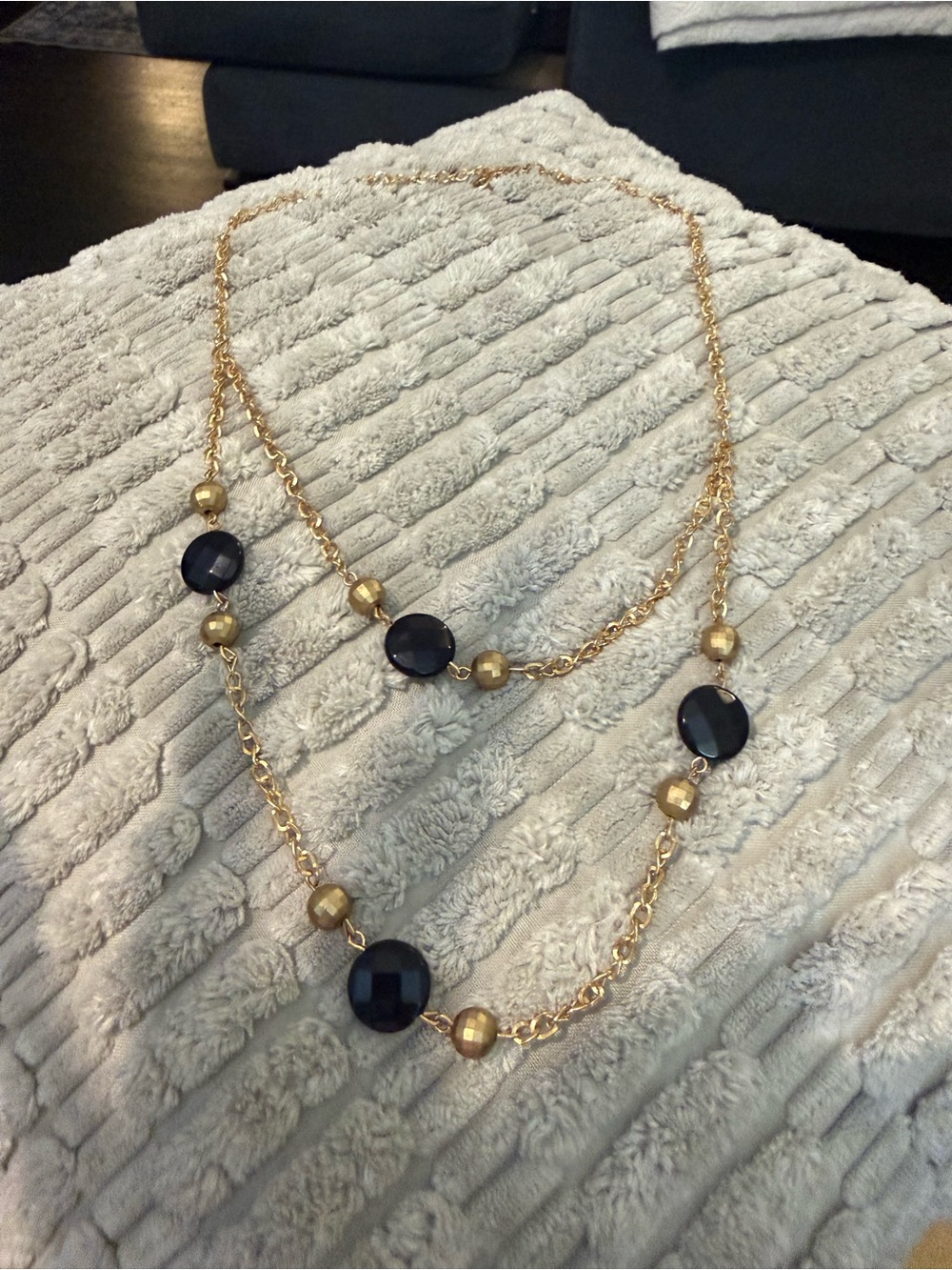 Vintage Gold Tone & Navy Beaded Necklace